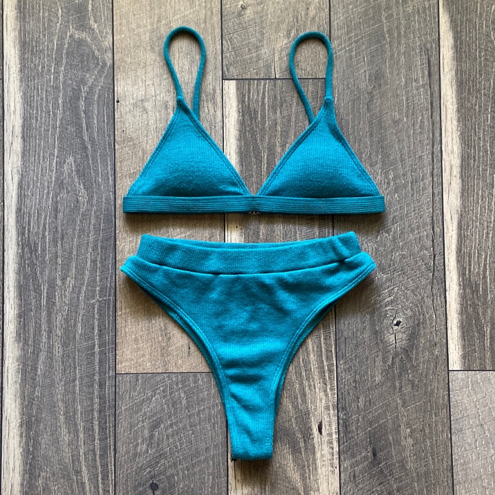 Solid Rib Knit Triangle High Waisted Bikini - image 1